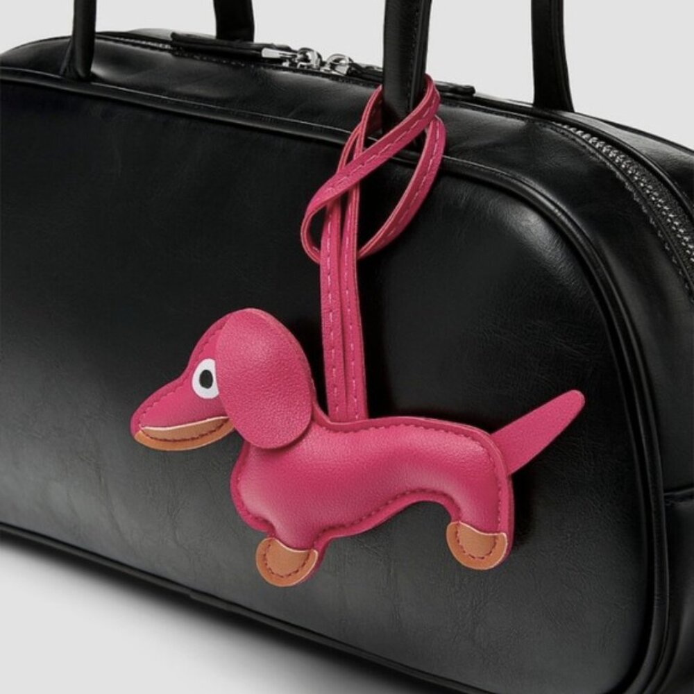 Pink Dachshund Leather Bag Charm Keychain Dog Purse Accessory - Picture 4 of 6